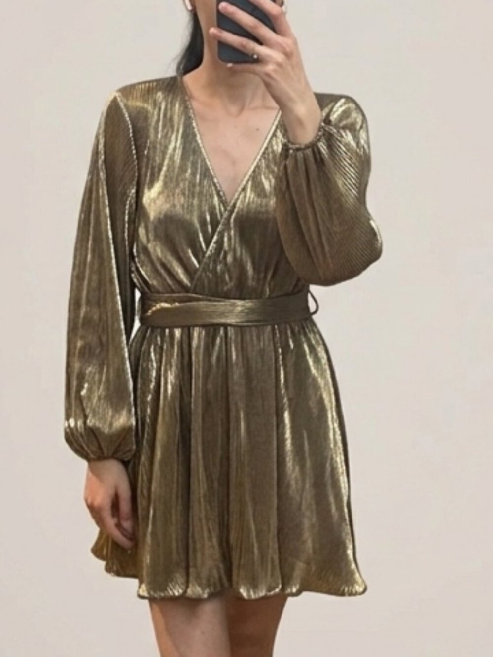 SBETRO Gold Metallic Pleated Wrap Mini Dress Size Small